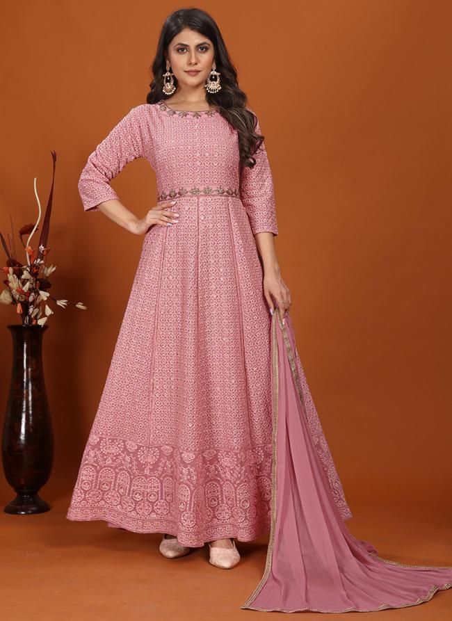 Premimum Faux Baby Pink Party Wear Heavy Embroidery Work Readymade Gown With Dupatta